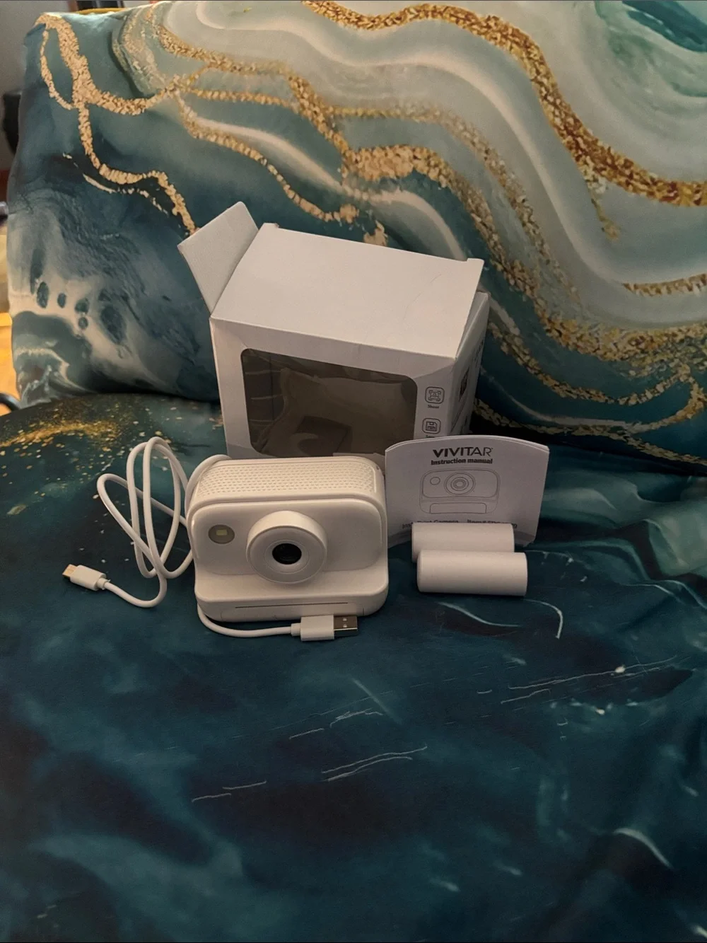 White Instant Print Camera with USB Charging and Extras